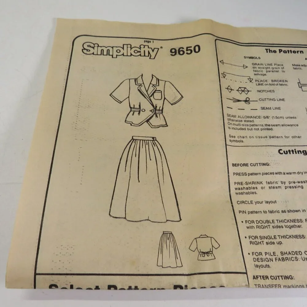 Simplicity 9650 clothing pattern top & skirt size 16-22